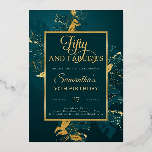 Emerald green echte goudfolie, vijftig en geweldig folie uitnodiging (Voorkant)