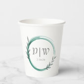 Emerald Green Eenvoudige Krans Monogram Trouwen Papieren Bekers (Voorkant)
