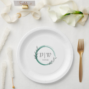 Emerald Green Eenvoudige Krans Monogram Trouwen Papieren Bordje