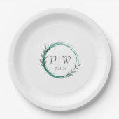 Emerald Green Eenvoudige Krans Monogram Trouwen Papieren Bordje (Voorkant)
