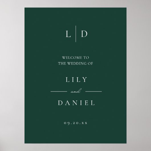 Emerald Green Eenvoudige Monogram Huwelijk Welkom  Poster (Voorkant)
