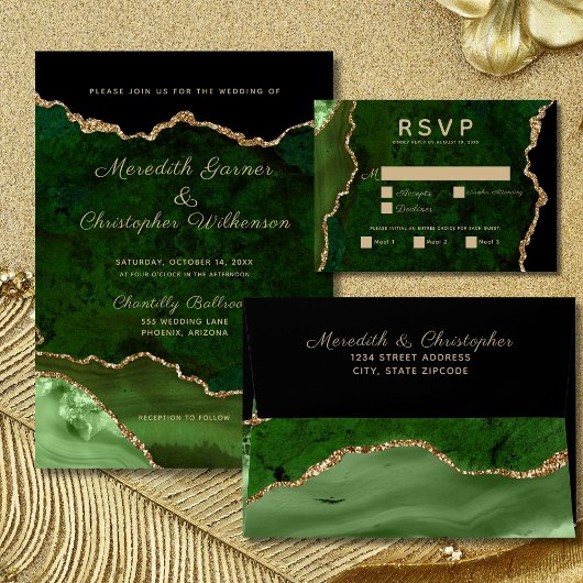 Emerald Green Elegance Gold Glitter Agate Wedding Kaart