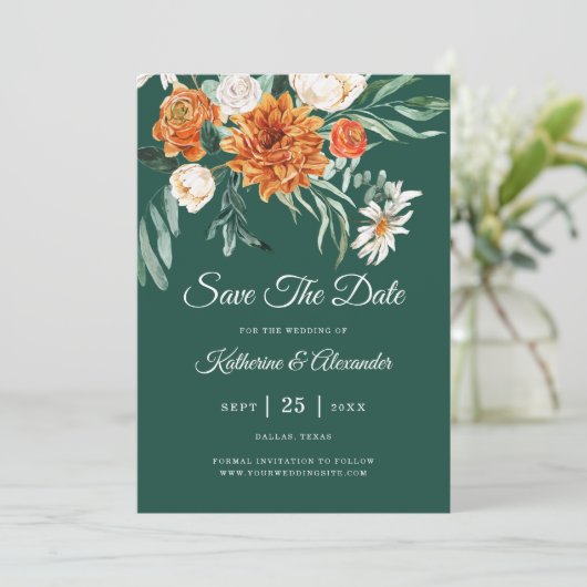 Emerald Green Elegant Bloemen Sinaasappel Foto bru Save The Date (Staand voorkant)