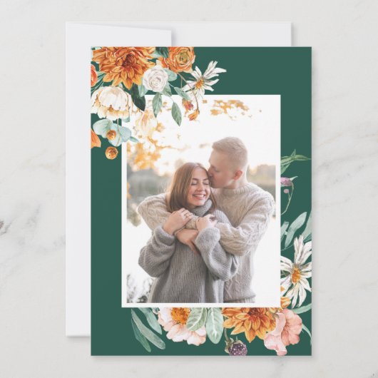 Emerald Green Elegant Bloemen Sinaasappel Foto bru Save The Date (Achterkant)
