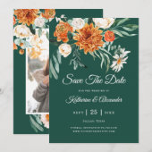 Emerald Green Elegant Bloemen Sinaasappel Foto bru Save The Date (Voorkant / Achterkant)