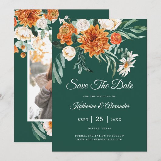 Emerald Green Elegant Bloemen Sinaasappel Foto bru Save The Date (Voorkant / Achterkant)