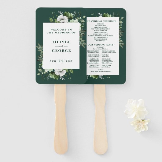 Emerald Green Elegant Bloemen Trouwprogramma Handwaaier (Voorkant en achterkant)