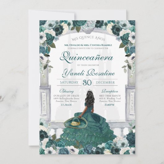 Emerald Green Elegant Charro Princess Quinceanera Kaart (Voorkant)
