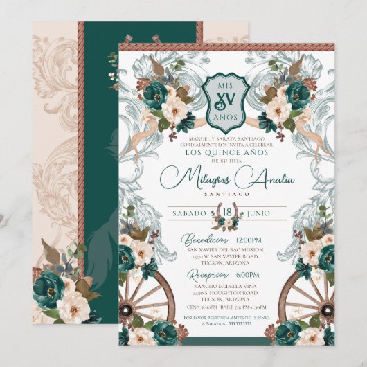 Emerald Green Elegant Charro Western Quinceanera Kaart (Voorkant / Achterkant)