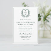 Emerald Green Elegant Crest Monogram Huwelijk Kaart (Staand voorkant)