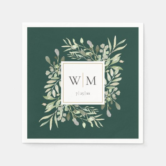 Emerald Green Elegant Greenery Monogram Servet (Voorkant)