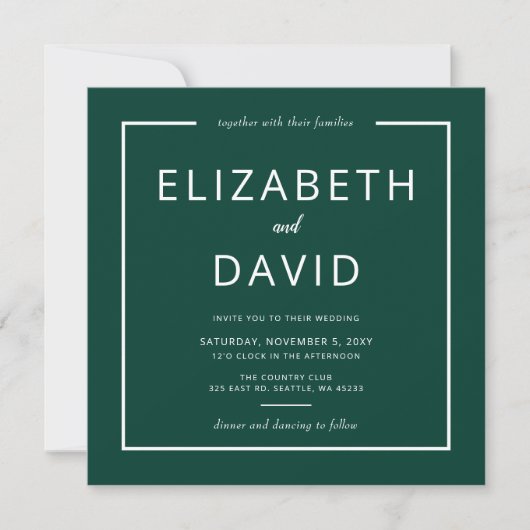 Emerald Green Elegant Modern Minimalist Wedding Kaart (Voorkant)