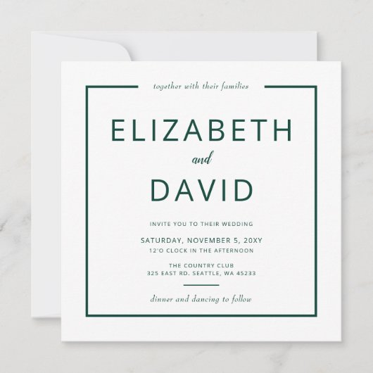 Emerald Green Elegant Modern Minimalist Wedding Kaart (Voorkant)