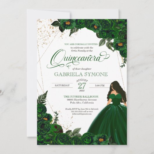 Emerald Green Elegant Rozen en Gown 2 Quinceanera Kaart (Voorkant)