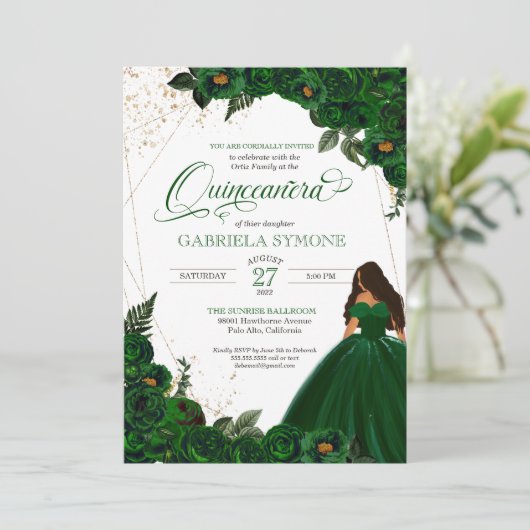 Emerald Green Elegant Rozen en Gown 2 Quinceanera Kaart (Staand voorkant)