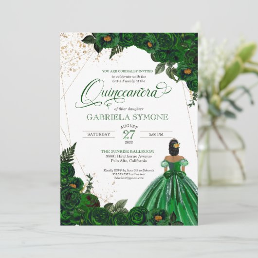 Emerald Green Elegant Rozen en Gown Quinceanera Kaart (Staand voorkant)