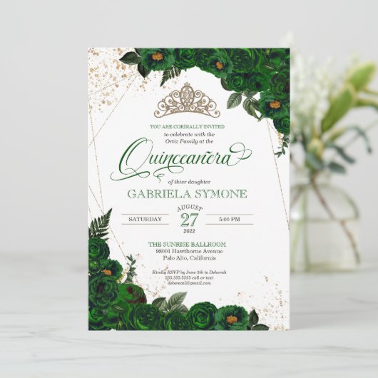 Emerald Green Elegant Rozen Mis Quince Quinceanera Kaart (Staand voorkant)