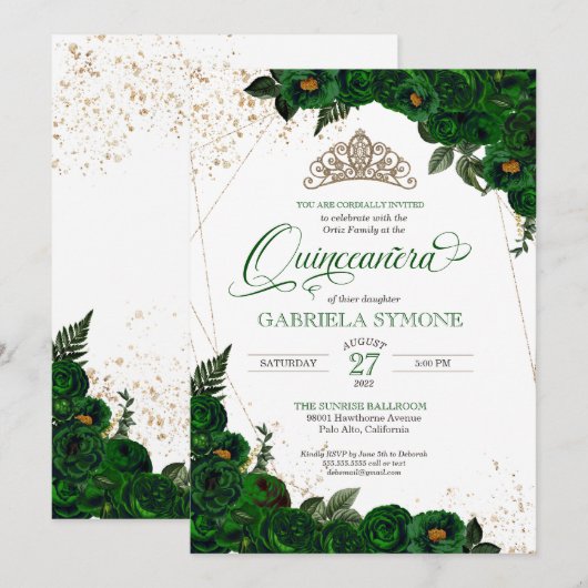 Emerald Green Elegant Rozen Mis Quince Quinceanera Kaart (Voorkant / Achterkant)