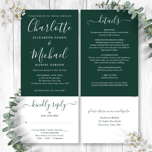 Emerald Green Elegant Script All-in-One Weddenscha Kaart