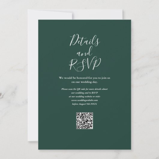 Emerald Green Elegant Script QR Code Weddenschap Kaart (Achterkant)