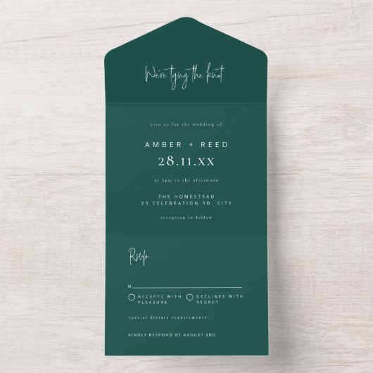 Emerald Green Elegant Script Tear Off Wedding All In One Uitnodiging (Binnen)