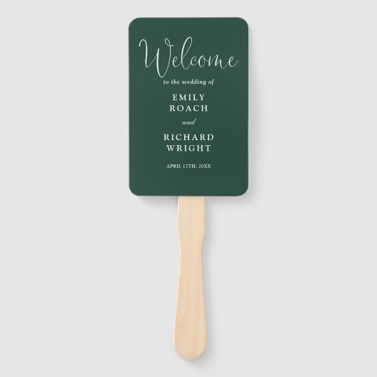 Emerald Green Elegant Script Trouwprogramma Handwaaier (Voorkant)