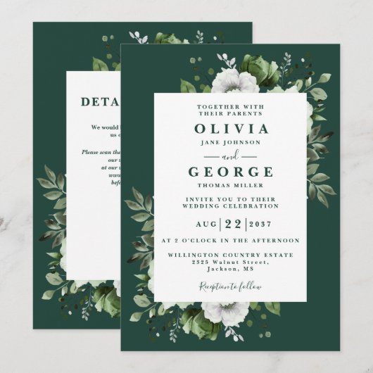 Emerald Green Elegante Bloemen QR Code Huwelijk Kaart (Voorkant / Achterkant)