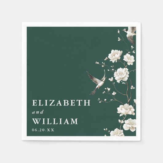 Emerald Green Elegante Chinoiserie Bloemenbruiloft Servet (Voorkant)