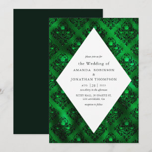 Emerald Green en Black Glam Damask Roos Wedding Kaart