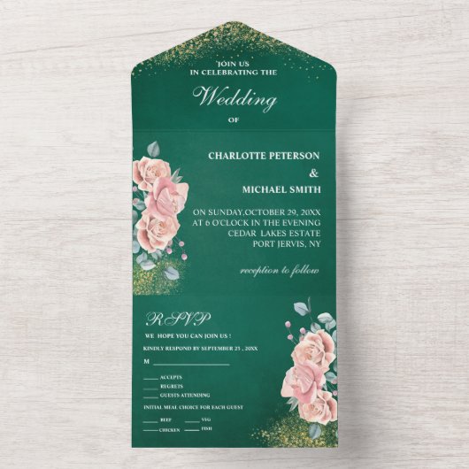 Emerald Green en Blush Pink Floral Wedding All In One Uitnodiging (Binnen)