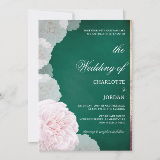 Emerald Green en Blush Pink Peony Wedding Kaart (Voorkant)