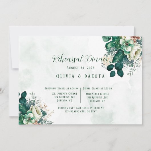 Emerald Green en Cream Florals Rehearsal Dinner Kaart (Voorkant)