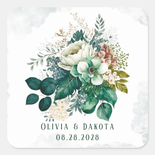 Emerald Green en Cream Florals Wedding Vierkante Sticker (Voorkant)