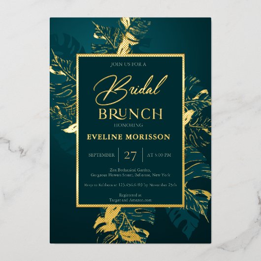 Emerald green en echte goudbrunch met folie folie uitnodiging (Voorkant)