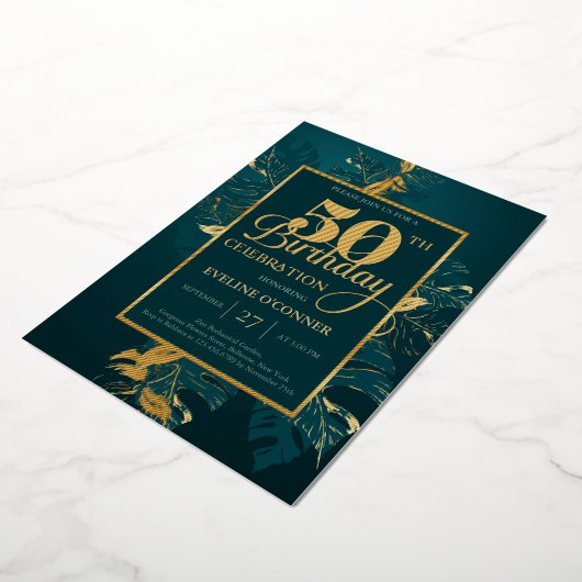 Emerald green en echte gouden folie 50e verjaardag folie uitnodiging (Gedraaid)