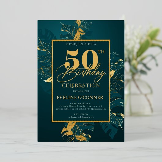 Emerald green en echte gouden folie 50e verjaardag folie uitnodiging (Staand Voorkant)
