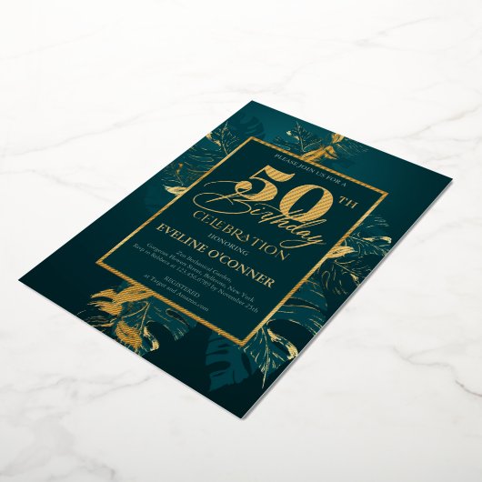 Emerald green en echte gouden folie 50e verjaardag folie uitnodiging (Gedraaid)