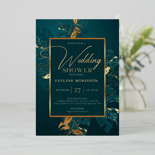 Emerald green en echte gouden folie trouwdouche folie uitnodiging (Staand Voorkant)