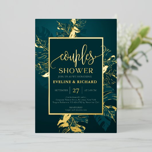 Emerald green en echte gouden foliën douches folie uitnodiging (Staand Voorkant)