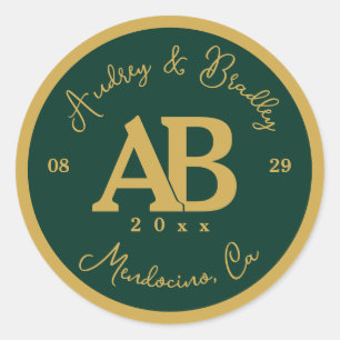 Emerald Green en Gold 2 Letter Monogram Huwelijk Ronde Sticker