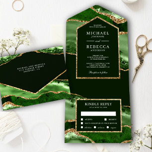 Emerald Green en Gold Agate Marble Wedding All In One Uitnodiging