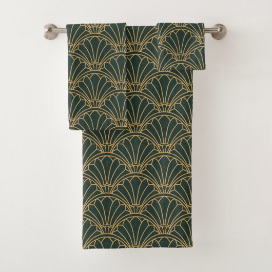 Emerald Green en Gold Art Deco Fan Flower Motif Bad Handdoek (Insitu)