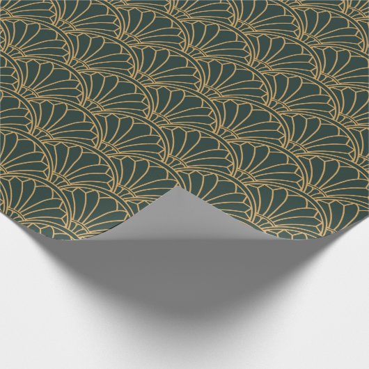 Emerald Green en Gold Art Deco Fan Flower Motif Cadeaupapier (Hoek)