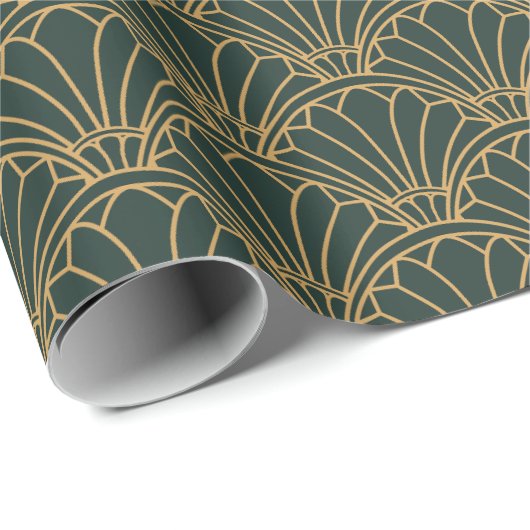 Emerald Green en Gold Art Deco Fan Flower Motif Cadeaupapier (Rol Hoek)