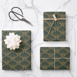 Emerald Green en Gold Art Deco Fan Flower Motif Inpakpapier Vel
