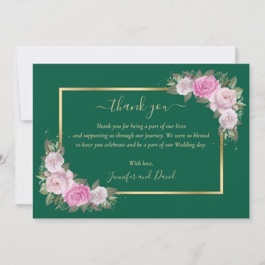 Emerald Green en Gold Blush Floral Hartelijk dank Bedankkaart (Voorkant)