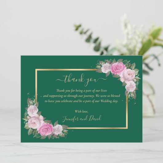 Emerald Green en Gold Blush Floral Hartelijk dank Bedankkaart (Staand voorkant)