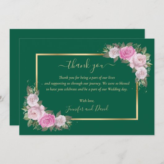 Emerald Green en Gold Blush Floral Hartelijk dank Bedankkaart (Voorkant / Achterkant)