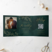 Emerald Green en Gold Botanical Elegant Wedding Drieluik Uitnodiging (Binnen)