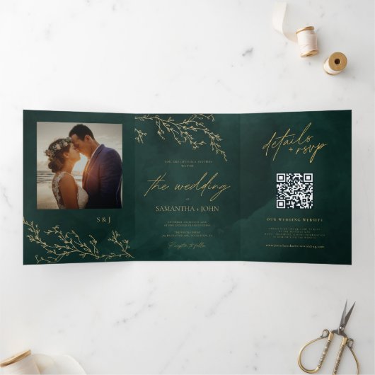 Emerald Green en Gold Botanical Elegant Wedding Drieluik Uitnodiging (Binnen)